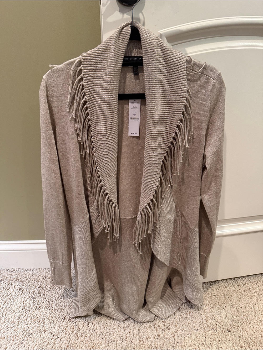 White House Black Market Taupe Fringe Shawl-Collar Open Cardigan